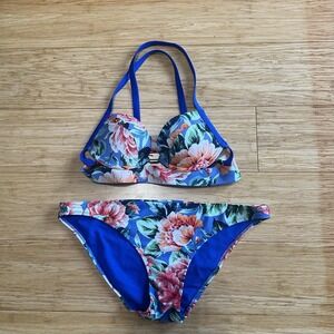 Abercrombie Swim Floral Colorful Underwire Bikini Blue  34 A Crossback M Bottoms